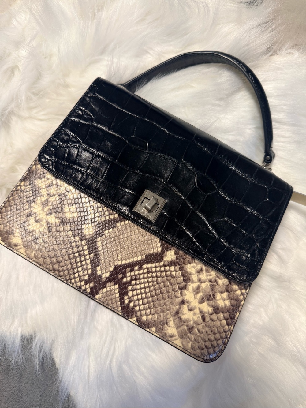Black Croc-Embossed Top Handle Bag with Snake-Print Panel